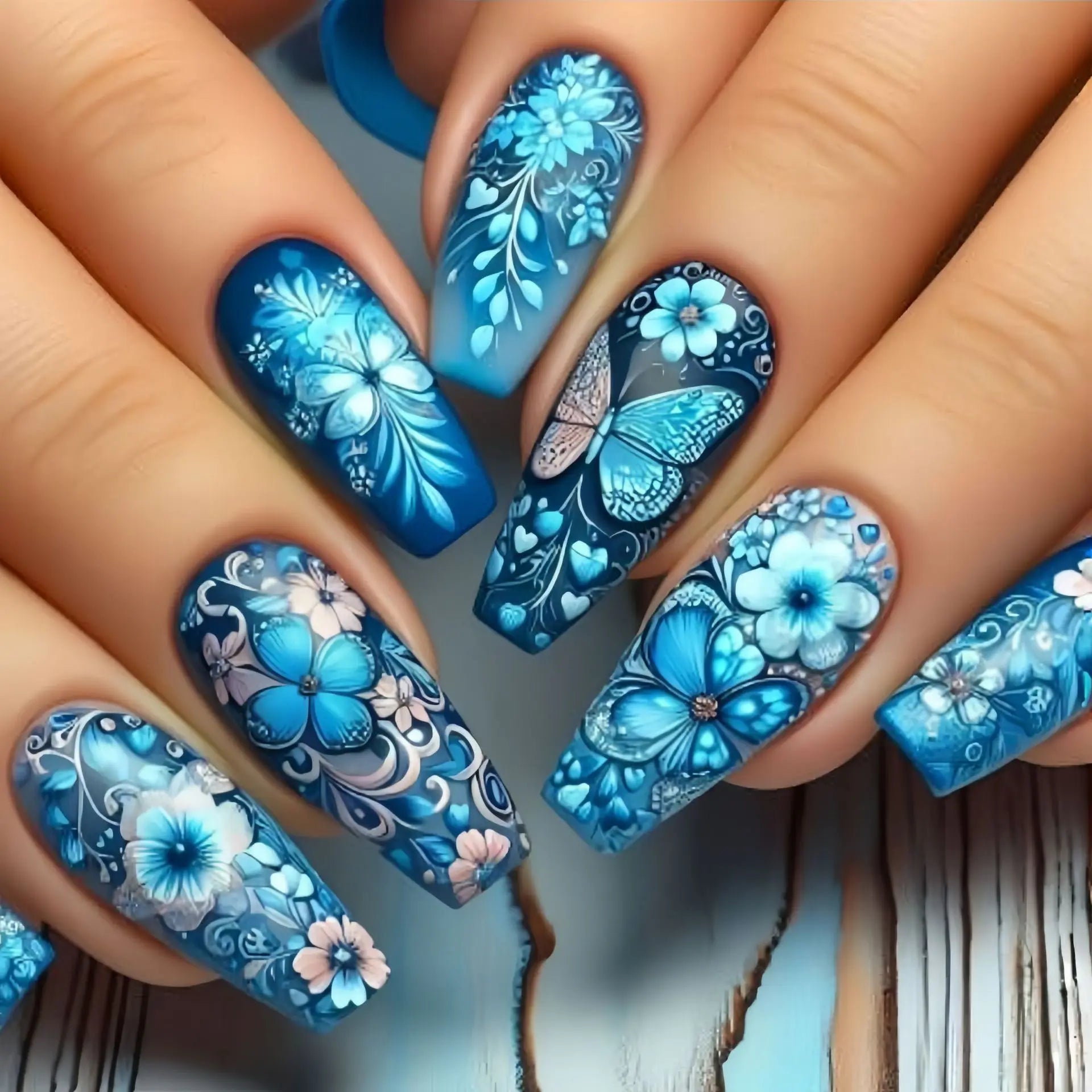 24pcs/set Medium long fake nails square ballet tips flowers butterfly for spring summer season blue green press on false nail 2153