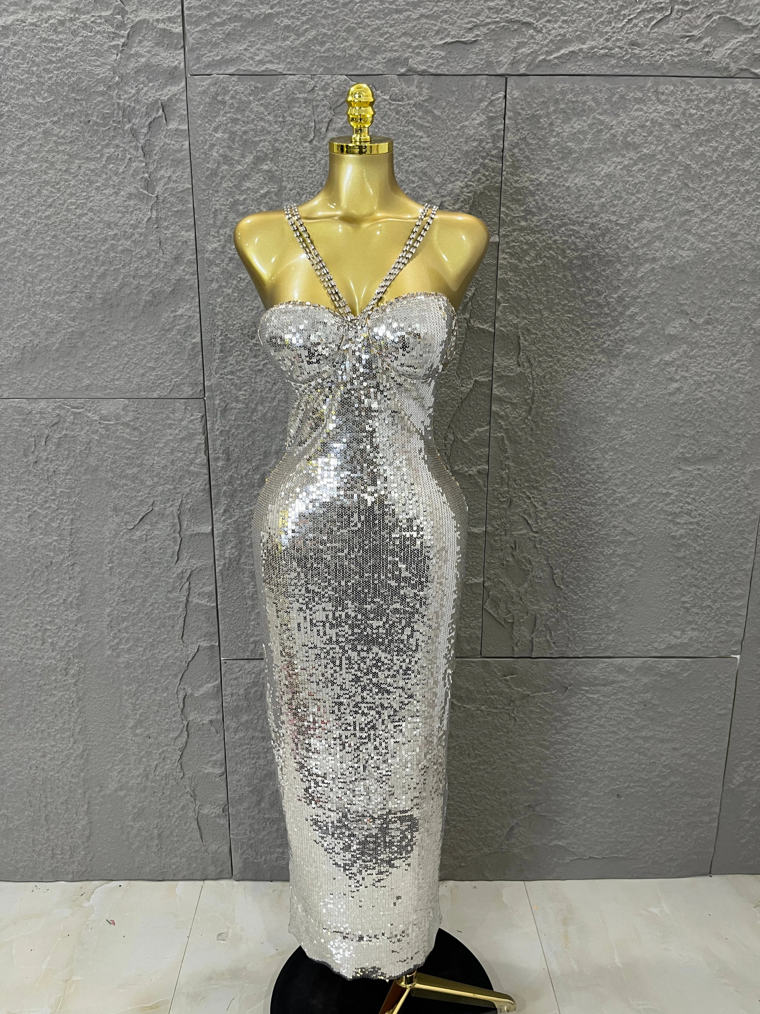 Classic Gold Sequin Mermaid Dress Rhinestone Chain Shoulder Straps Sweetheart Neck Formal Evening Gala Photoshoot Cocktail Party