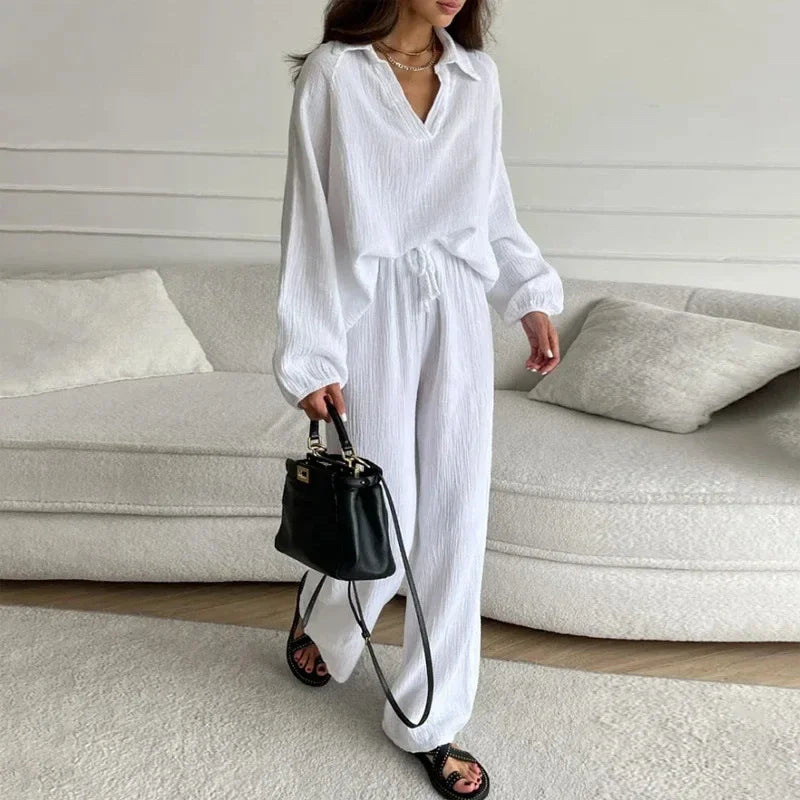2024 Summer Fashion New Plus Size Women's Wear Set with Polo Collar Cotton Hemp Pants Elegant Solid Color Two Piece Set WHITE