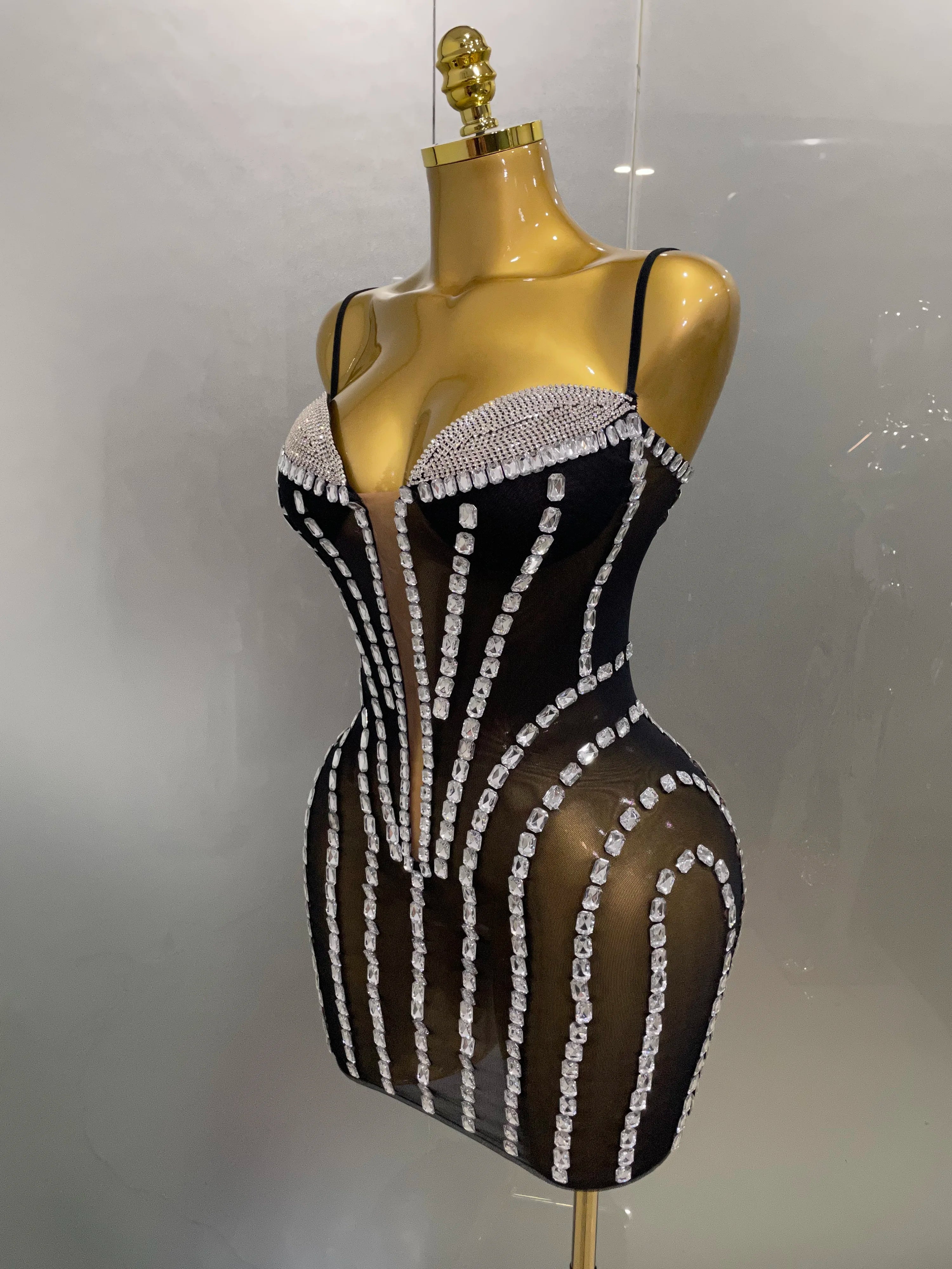 Sexy Sparkly Rhinestones Mesh See Through Short Slip Dress 2025Women Evening Birthday Party Prom Nightclub PhotoShoot Stage Wear