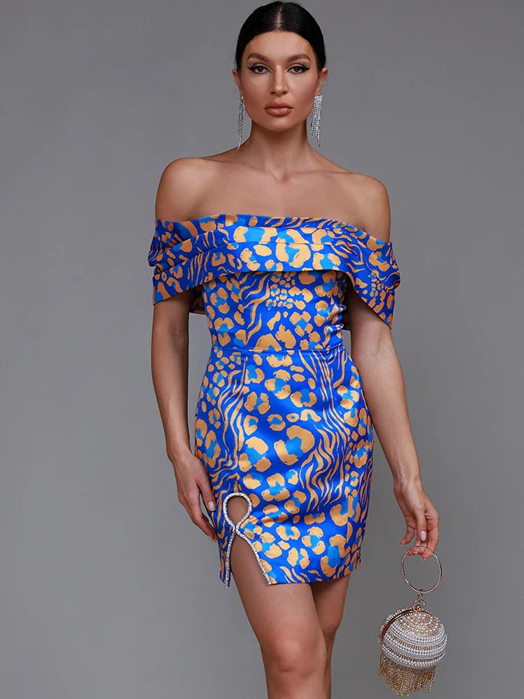 Jacquard Stain Dress Women Short Party Dress Elegant Sexy Off Shoulder Evening Birthday Club Outfits Summer Runway New Fashion Blue