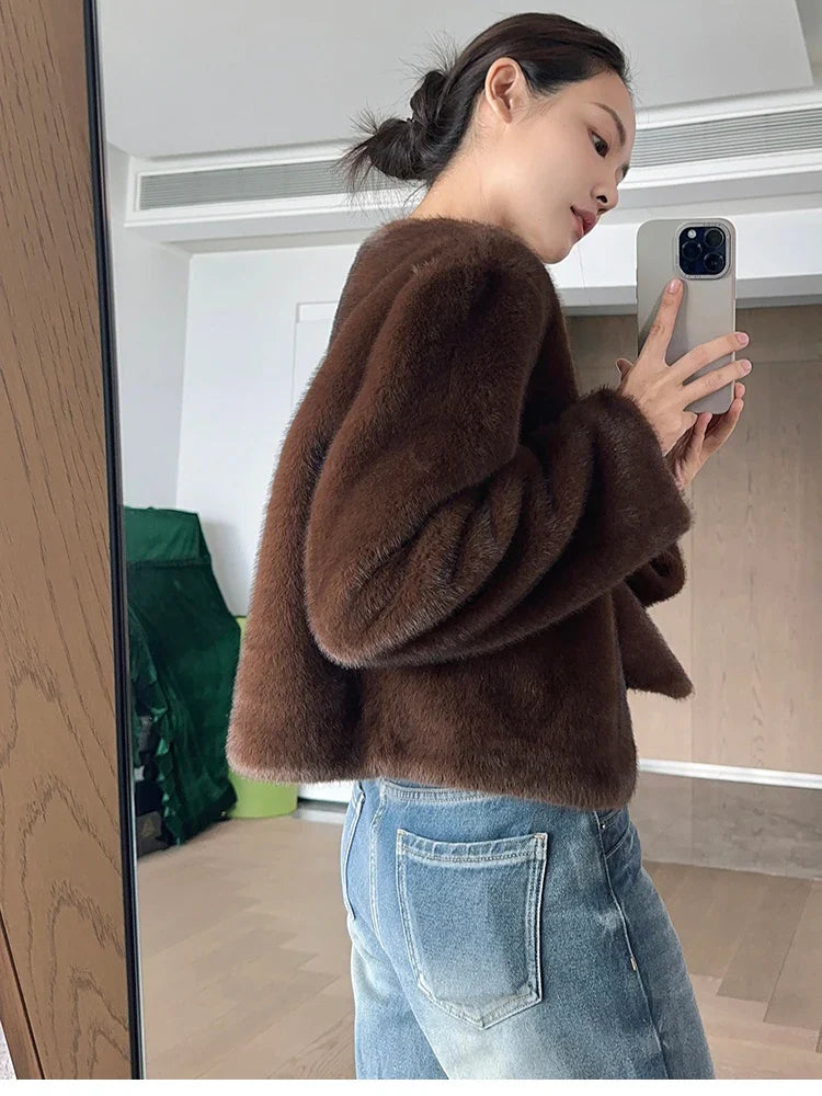 Autumn Winter Chic Luxury Soft Thick Warm Brown Faux Mink Fur Coat Women with Deep V Neck Long Sleeve Fluffy Jacket 2024 Brown