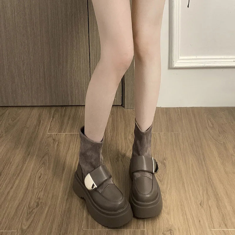 Winter Women Slim Ankle Boots Fashion Slip On Ladies Elegant Platform Flats Short Booties Casual Retro Women's Booties