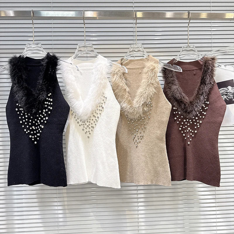 Winter New Fashion V-neck Furry Collar Rhinestone Design Knitted Vest Camisole For Women Slim Fit Tank Top 11A07754