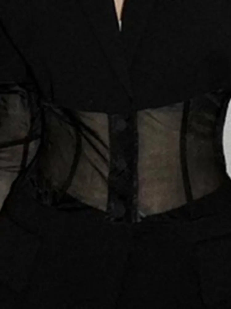 DEAT Fashion Women's Blazer New Notched Collar Patchwork See-through Mesh Single Breasted Slim Suit Jackets Autumn 17A2745