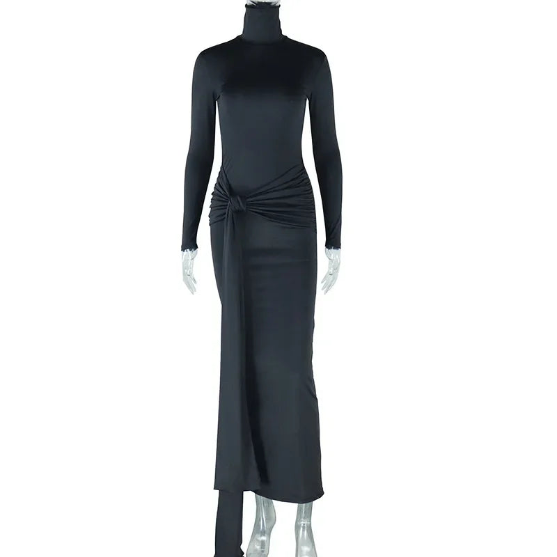 Women Full Sleeve Turtleneck Ribbon Ruched Long Maxi Dress 2025 Spring Sexy Street Slim Evening Night Club Party Dresses Black