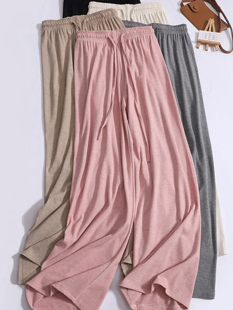 ABRINI Women Drawstring Elastic Waist Thin Solid Pants Casual Straight Pants Sports Wide Leg Trousers For Women Spring