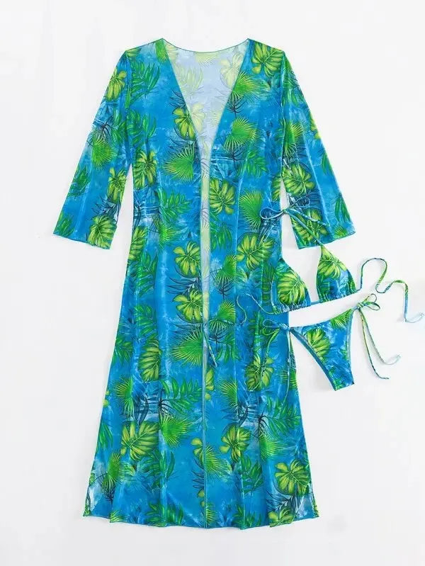 3 Pieces Triangle String Bikini Swimsuit Women & Kimono Swimwear Female Sexy Bathers Bathing Swimming Swim Suit Beachwear