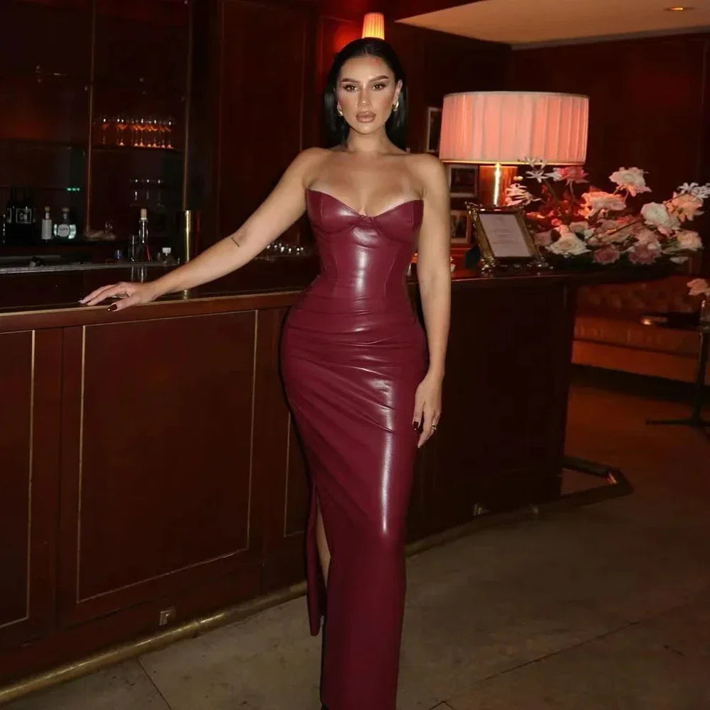 Suninheart Autumn Strapless Party Dresses 2024 New Arrivals Wine PU Corset Dress Sexy Midi Bodycon Night Event Dress Women Burgundy