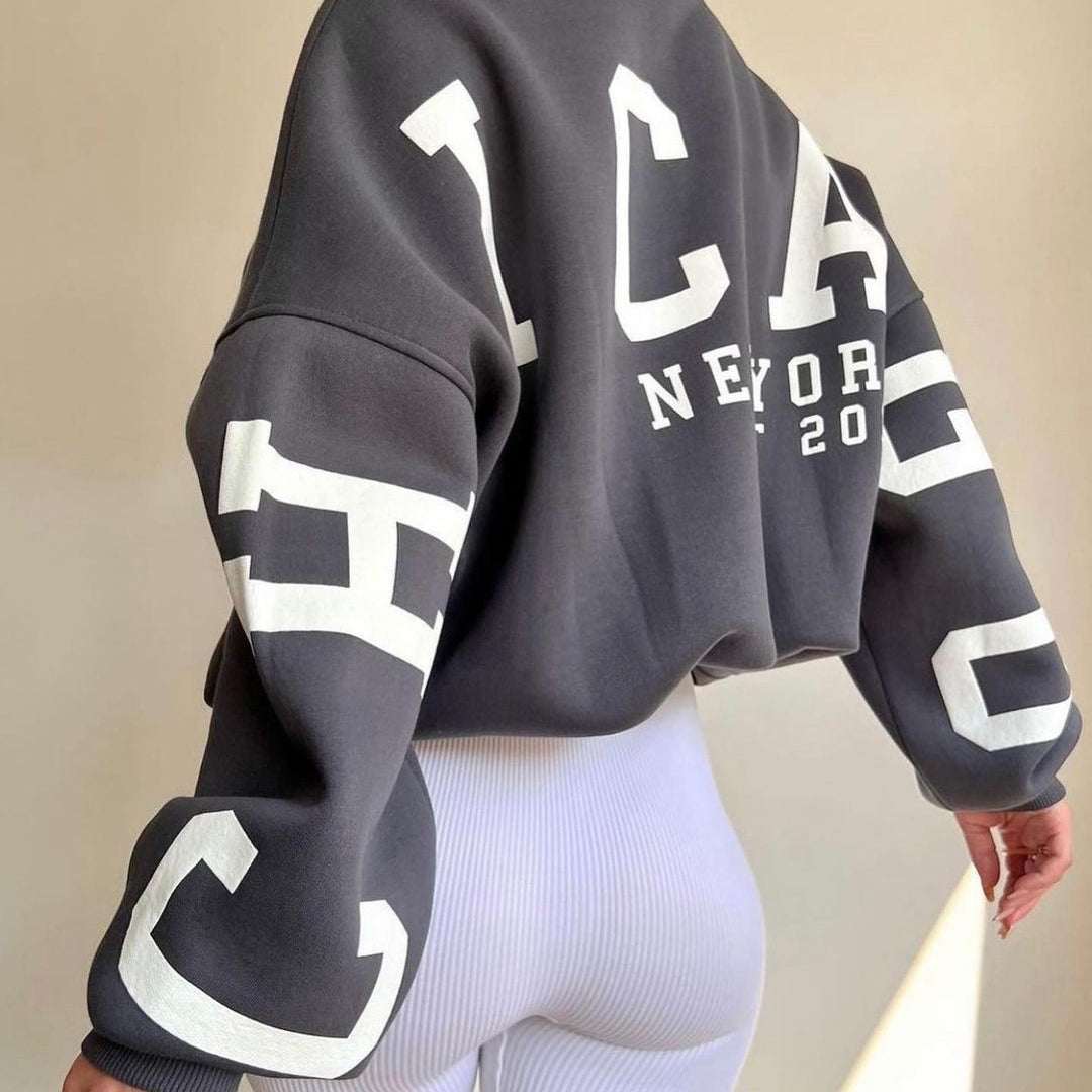 Women Casual Sweatshirts Fashion Letters Print O Neck Long Sleeve Pullovers Tops Vintage Loose Autumn Y2k Hoodies Streetwear Grey