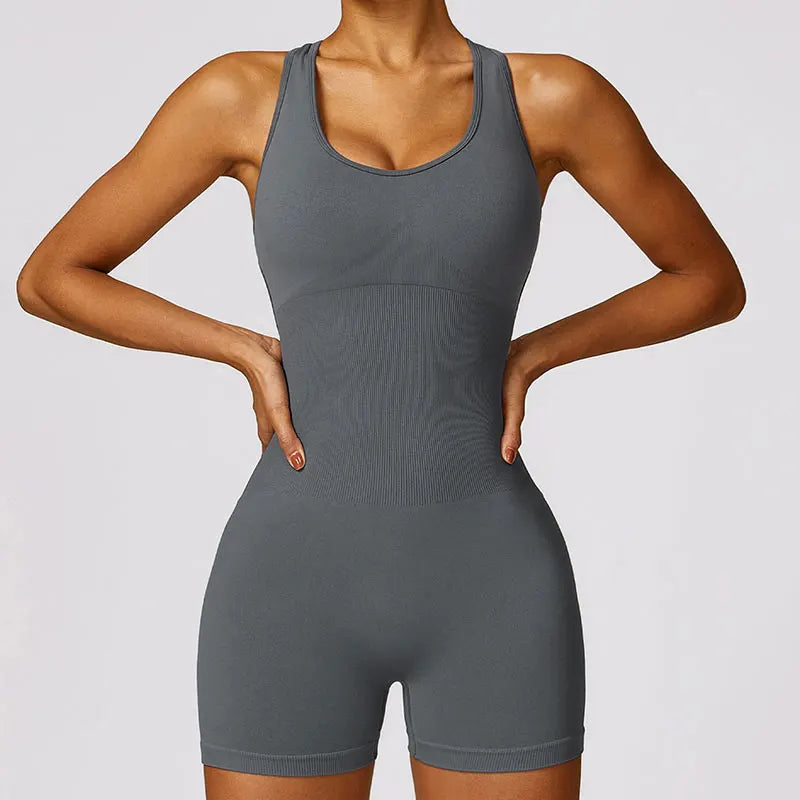 New Yoga Set Seamless Women's Jumpsuits One-Piece Gym Push Up Workout Clothes Fitness Bodysuit Sportswear Tracksuit Short Sleeve volcanic ash2