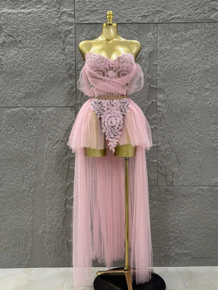 STOCK Women Sexy Strapless Laced-up Mesh 2 Pieces Long Maxi Dress Celebrate Evening Party Birthday Prom Outfit