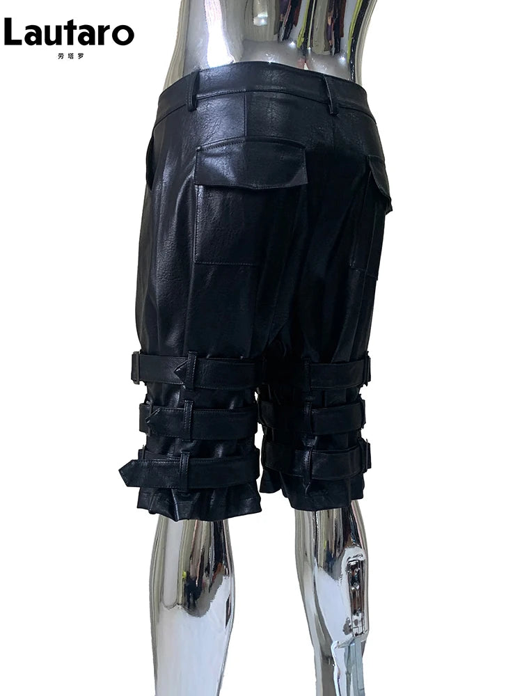 Lautaro Summer Cool Hard Black Pu Leather Shorts for Men with Many Belt High Waist Short Punk Style European Fashion Emo Clothes