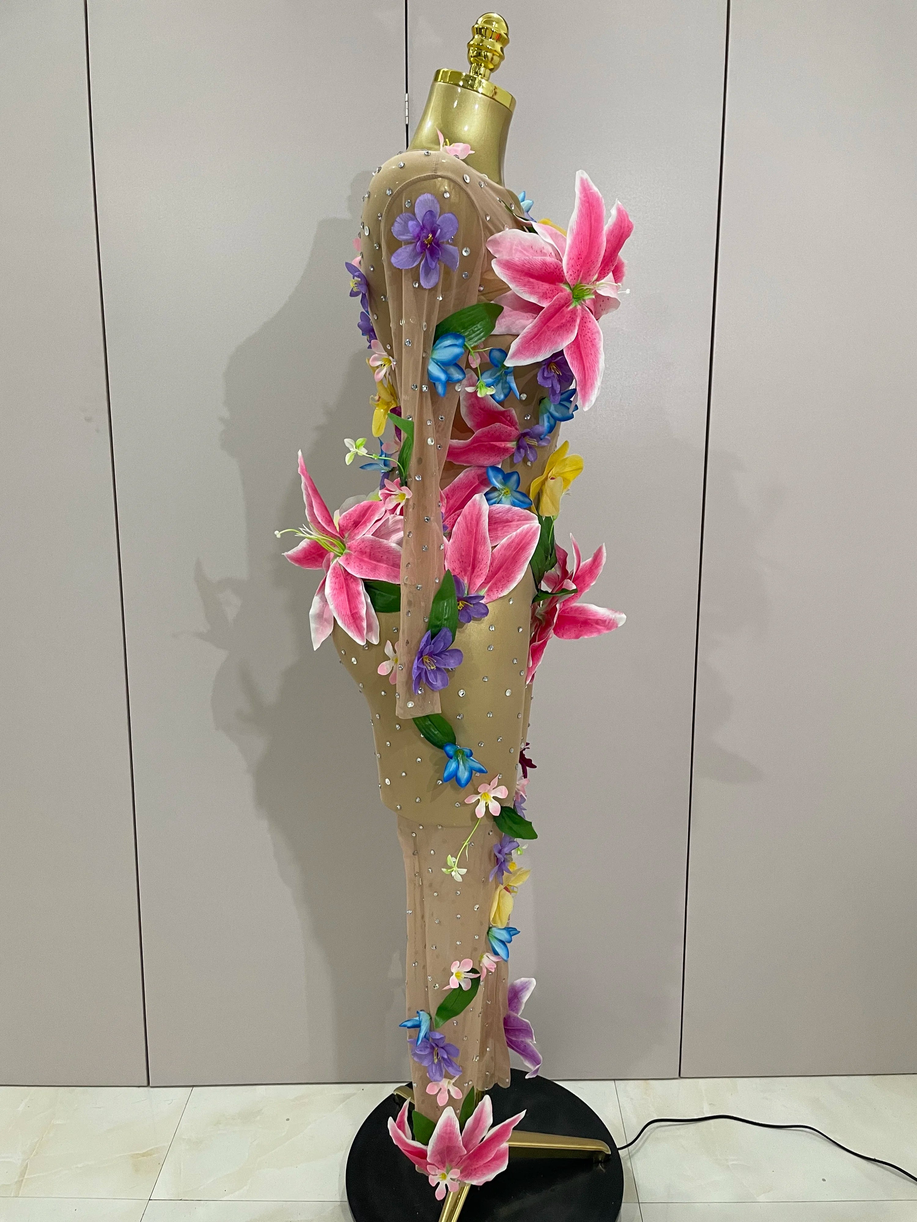 2025Sparkly Rhinestones 3D Flower Nude Mesh Transparent Jumpsut Women Evening Party Birthday Nightclub Performance Stage Costume