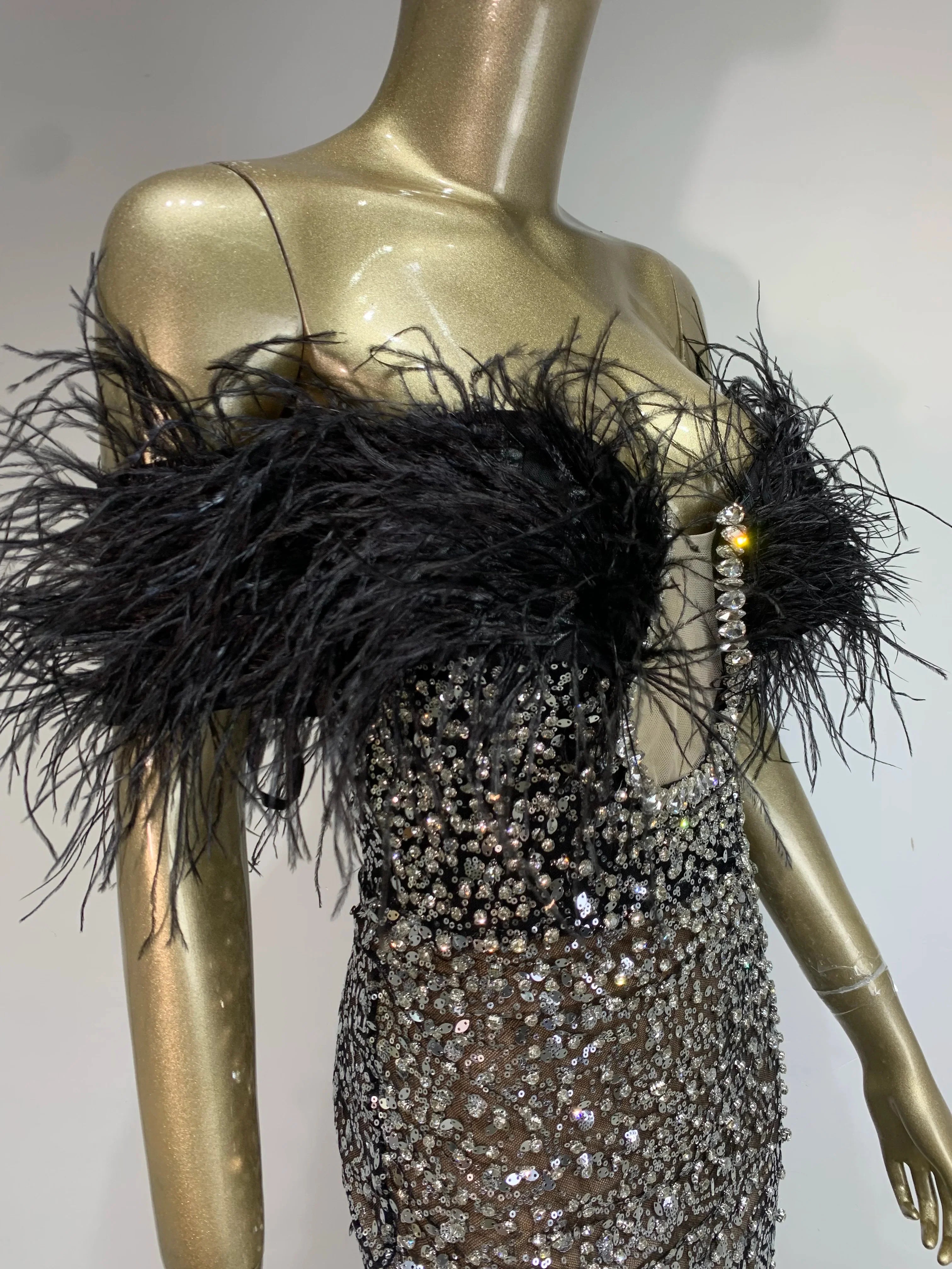 Women Celebrity Sexy Off Shoulder Feather Beading Sequins Maxi Long Gowns Dress Elegant Evening Party Club Dress Vestido