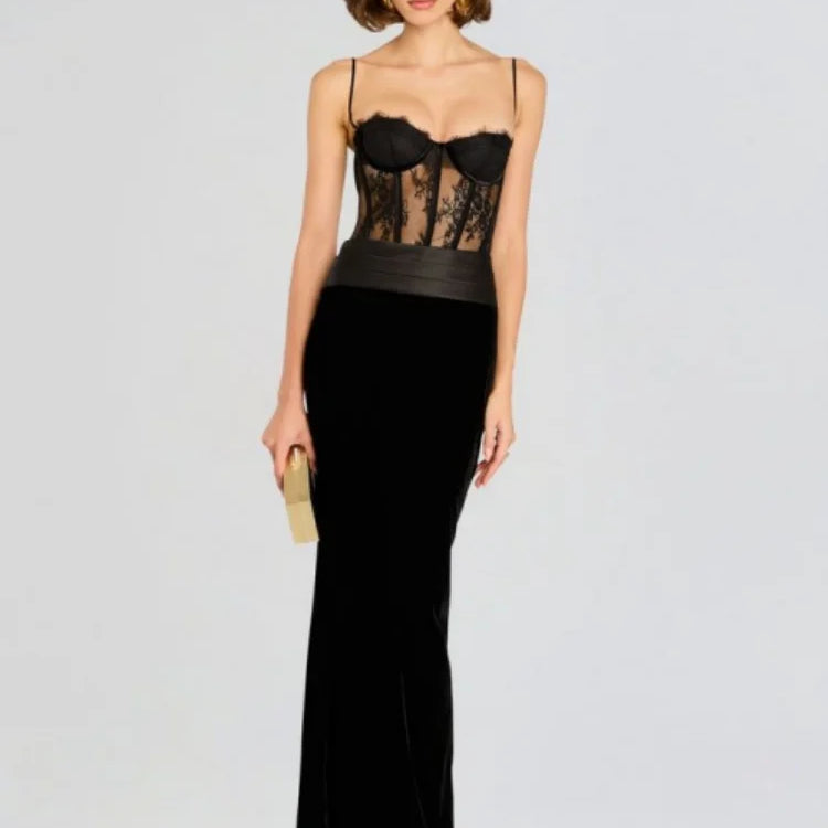 2025 New Black Women Sexy Strap Lace Fashion Bodycon Long Maxi Dress Celebrate Birthday Vacation Cocktail Outfit Vestido black