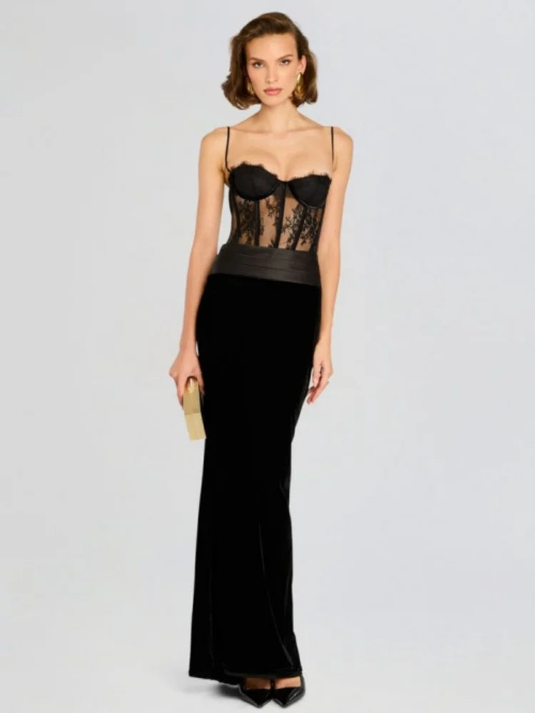 2025 New Black Women Sexy Strap Lace Fashion Bodycon Long Maxi Dress Celebrate Birthday Vacation Cocktail Outfit Vestido black