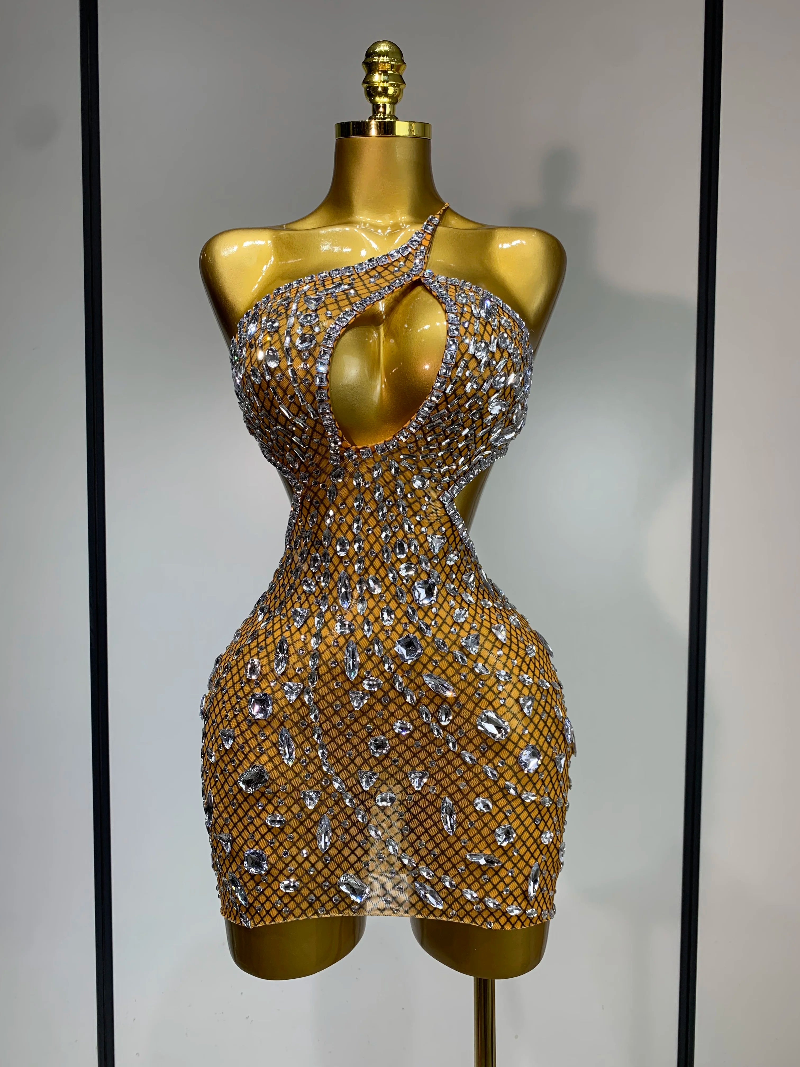 Sparkly Rhinestones Backless Mini Dress Women Sexy Mesh Transparent Celebrate Evening Birthday Dress Photo Shoot Stage Wear Yellow
