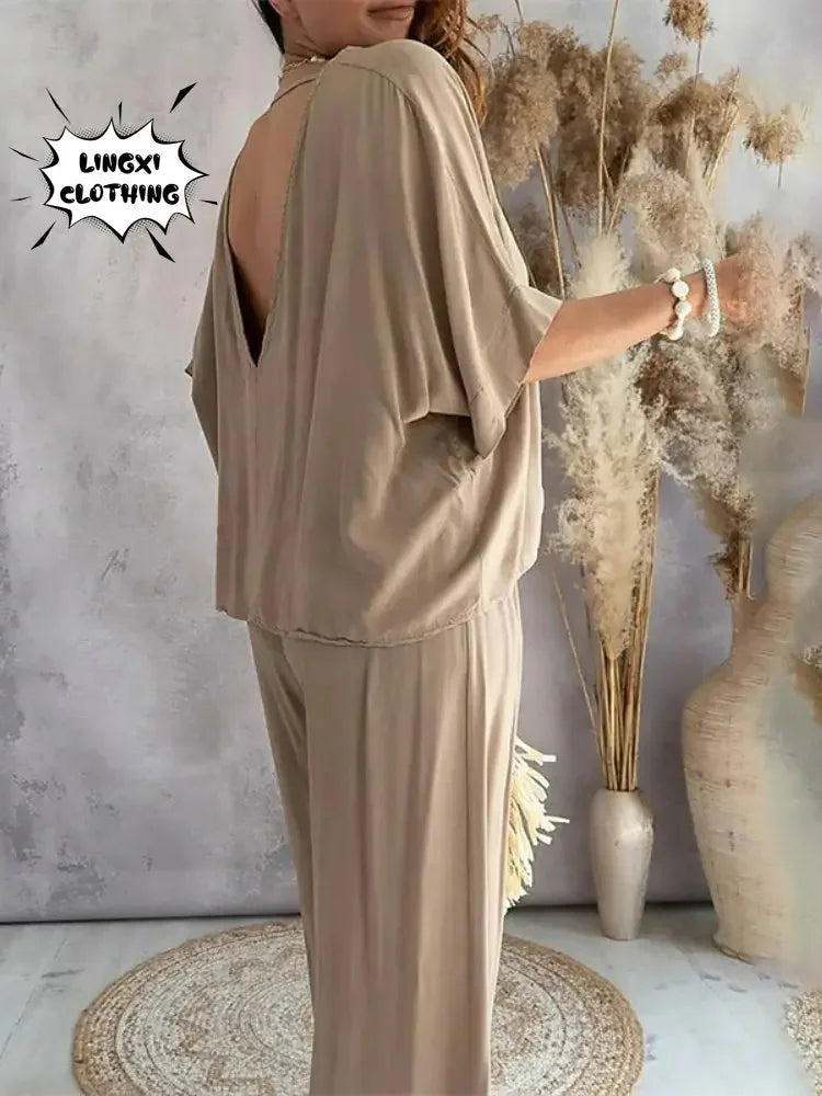 2024 Summer Fashion New Women's Elegant Loose High Waist Plus Size Set Off Back Elastic Waist Retro Women's Two Piece Set