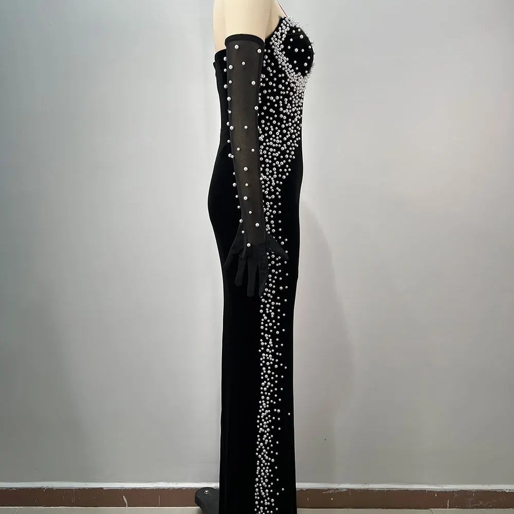 2025 Women Light Luxury Beaded Velvet Dress+Thin Gauntlet Gloves Fashion Bodycon Bareback Sexy Long Dress Evening Party Vestidos