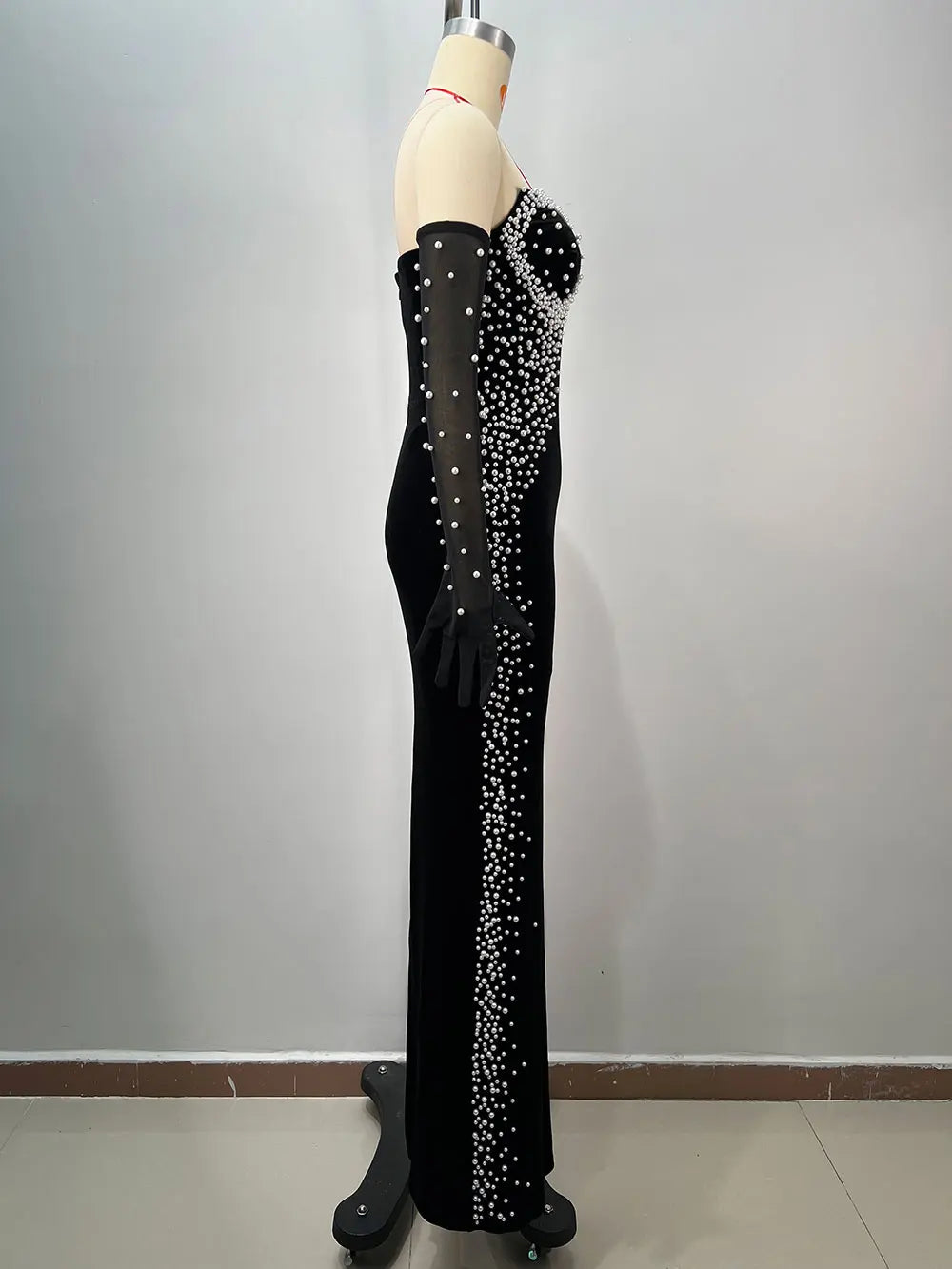 2025 Women Light Luxury Beaded Velvet Dress+Thin Gauntlet Gloves Fashion Bodycon Bareback Sexy Long Dress Evening Party Vestidos