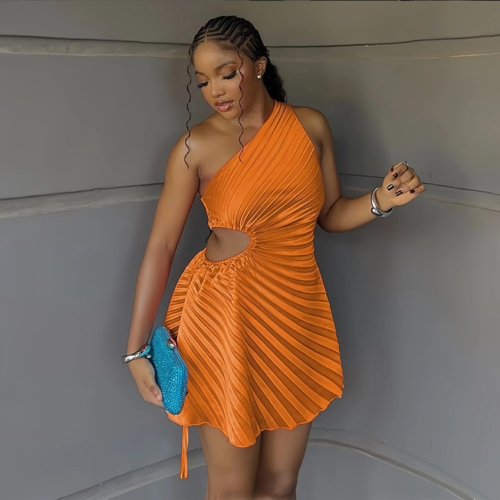 Women Pleated One Shouloder Sleeveless Cutout Waist Dress 2025 Evening Sexy Club Party Evening High Street Dresses Orange
