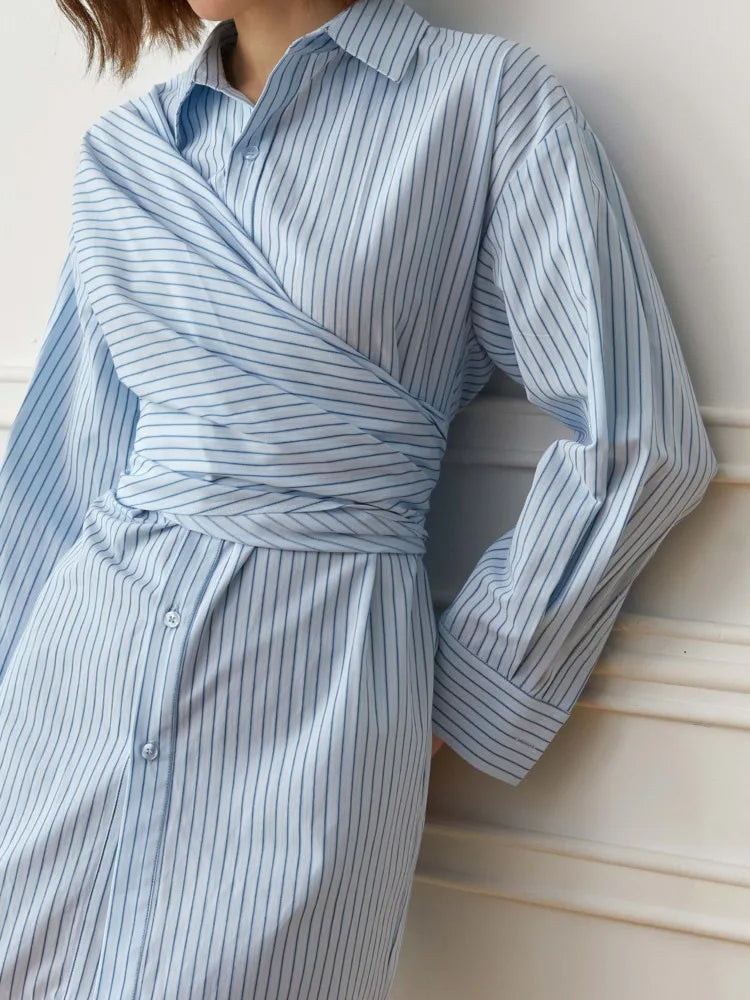 DEAT Fashion Women Blue Stripe Shirt Dress Lapel Single Breasted Full Sleeves Waist Retraction Folds Dresses Spring New