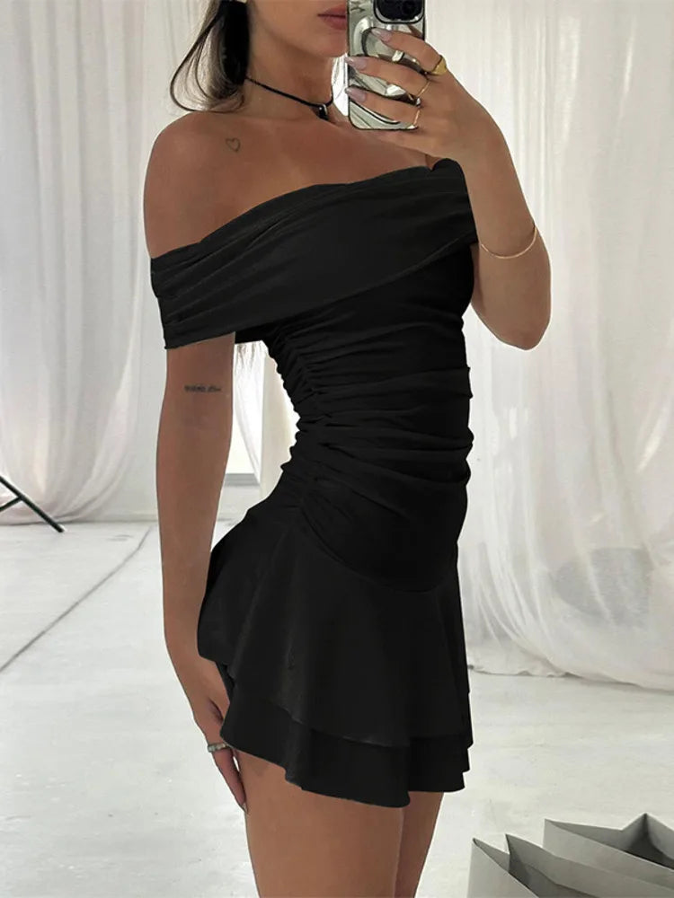 Off-shoulder Strapless Sexy Mini Dress For Women Robe Elegant Sleeveless Backless Ruched Skinny Club Party Dress
