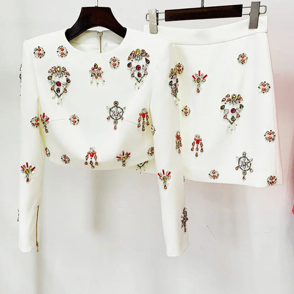 2024 New Elegant Women's Light Luxury Nail Bead Short Skirt Set O-neck Long Sleeve Ultra Short Top+Mini Skirt Two piece Set WHITE