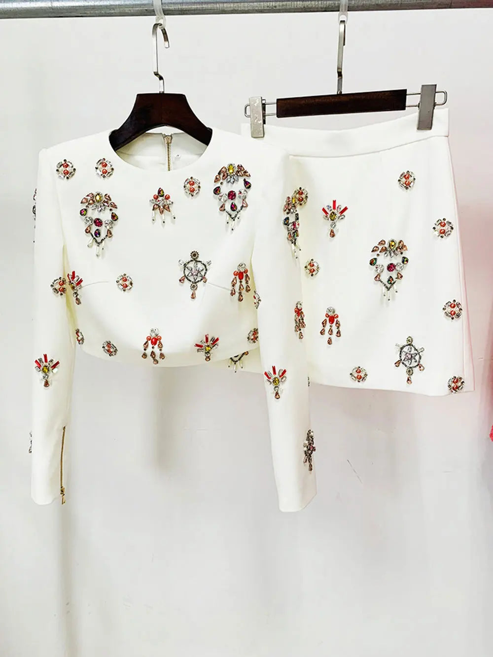 2024 New Elegant Women's Light Luxury Nail Bead Short Skirt Set O-neck Long Sleeve Ultra Short Top+Mini Skirt Two piece Set WHITE