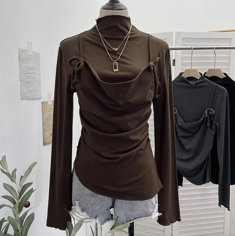 Spring New Lace-up Camisole Fake Two-piece Long Sleeve T-shirt For Women Fleece Inner Layer Base Shirt Top 11A07917 Brown One Size