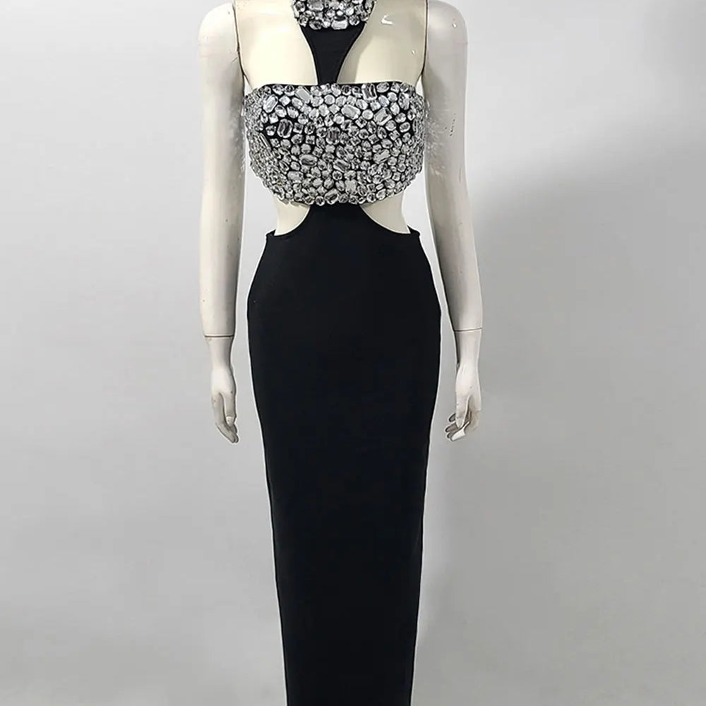 2025 Sexy Women's Light Luxury Nail Bead Design Bandage Dress Hanging Neck Sleeveless Waist Design Bodycon Long Dress Vestitos black