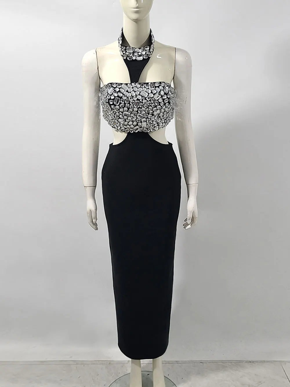 2025 Sexy Women's Light Luxury Nail Bead Design Bandage Dress Hanging Neck Sleeveless Waist Design Bodycon Long Dress Vestitos black