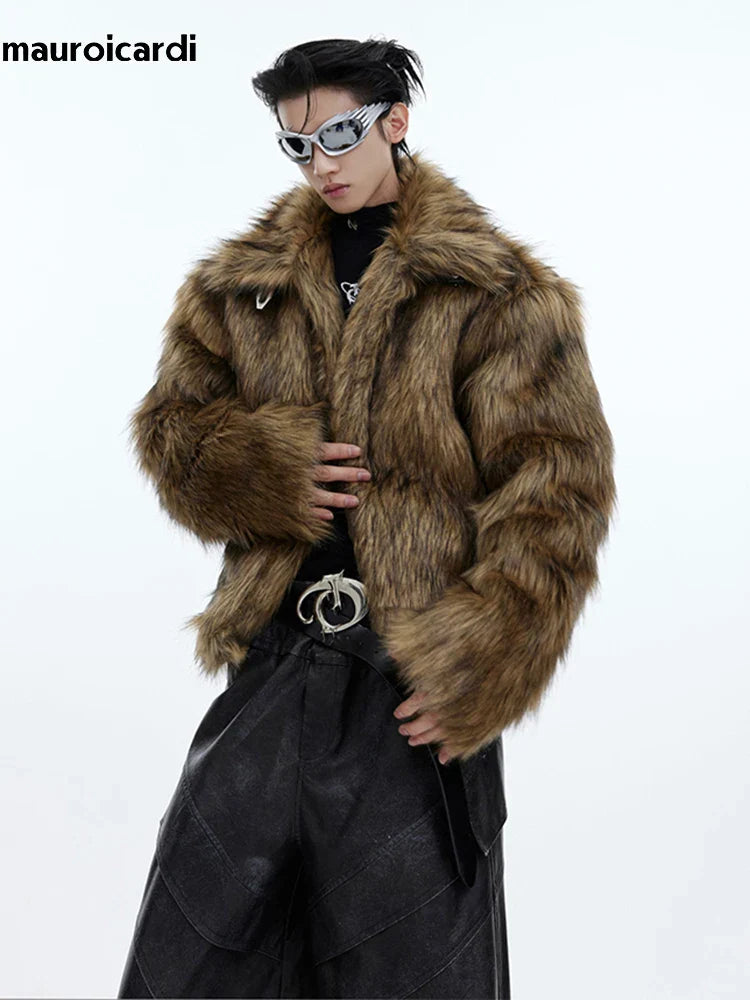 Winter Short Thick Warm Brown Hairy Soft Faux Fur Coat Men with Turn-down Collar Long Sleeve Fluffy Jackets