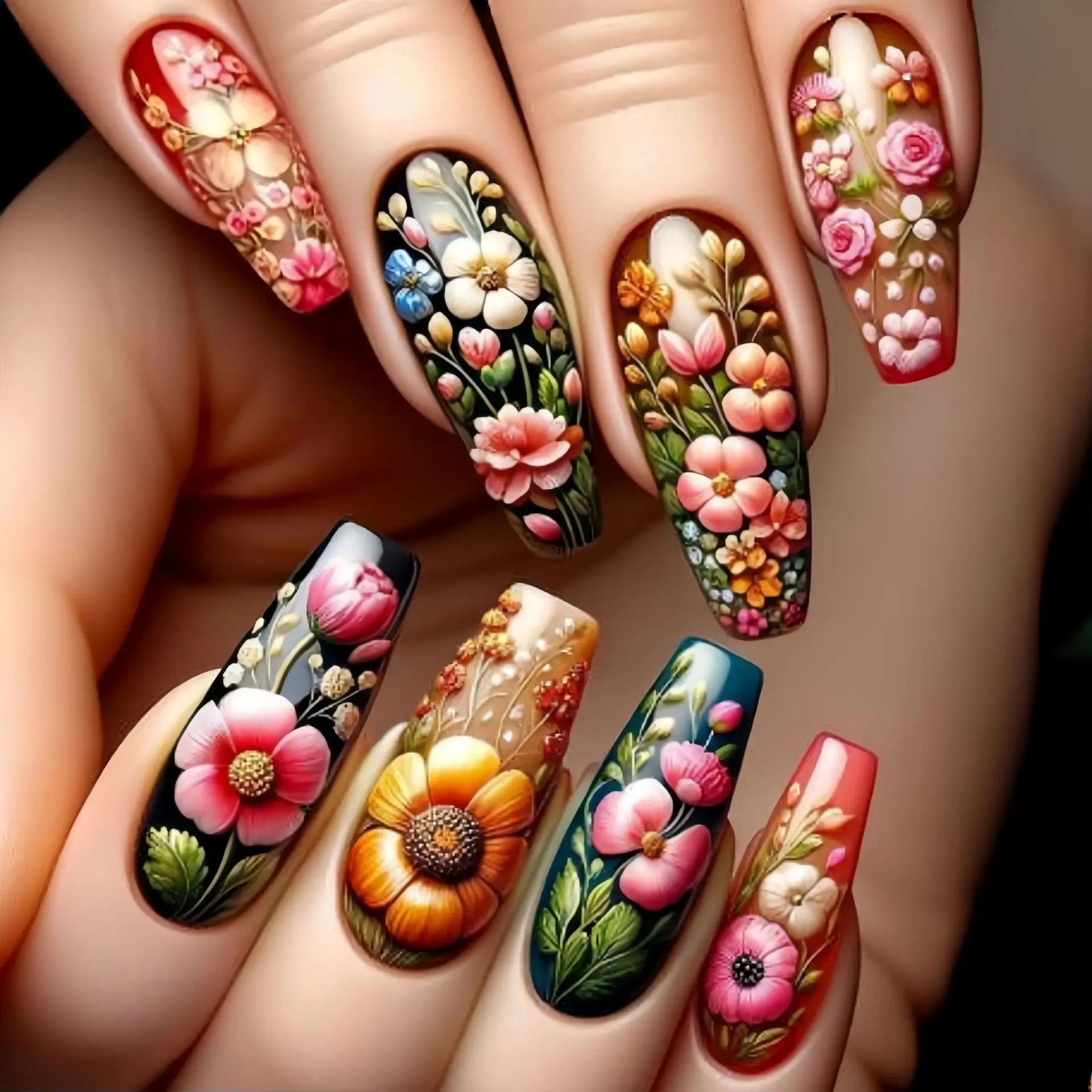 24pcs/set Medium long fake nails square ballet tips flowers butterfly for spring summer season blue green press on false nail 2159