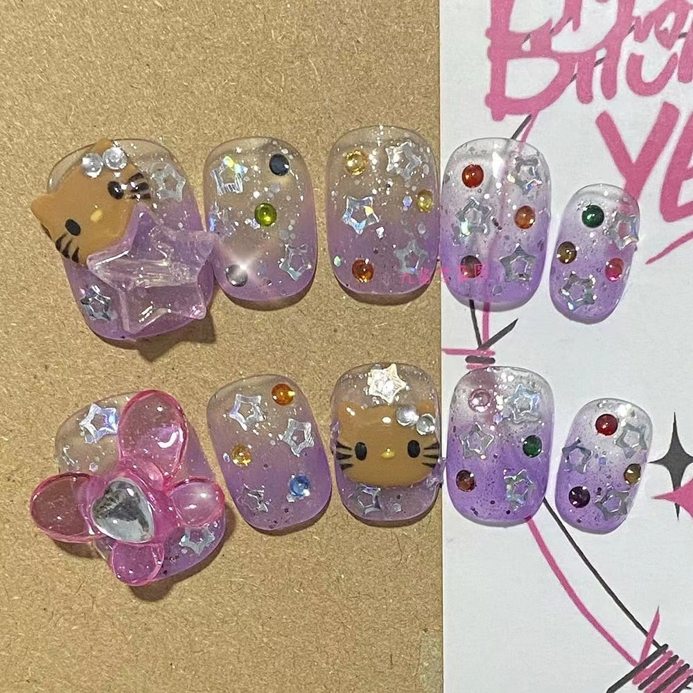 Été plage voyage vacances Hello Kitty conque ongles fille bleu jeunesse travail manuel personnalisable faux ongles fille soeur cadeau