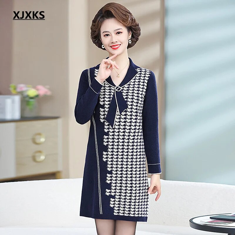 Temperament Lapel Women's Long Sweater 2024 Autumn And Winter New Comfortable Wool Knit Dress Ladies Pullover Navy Blue
