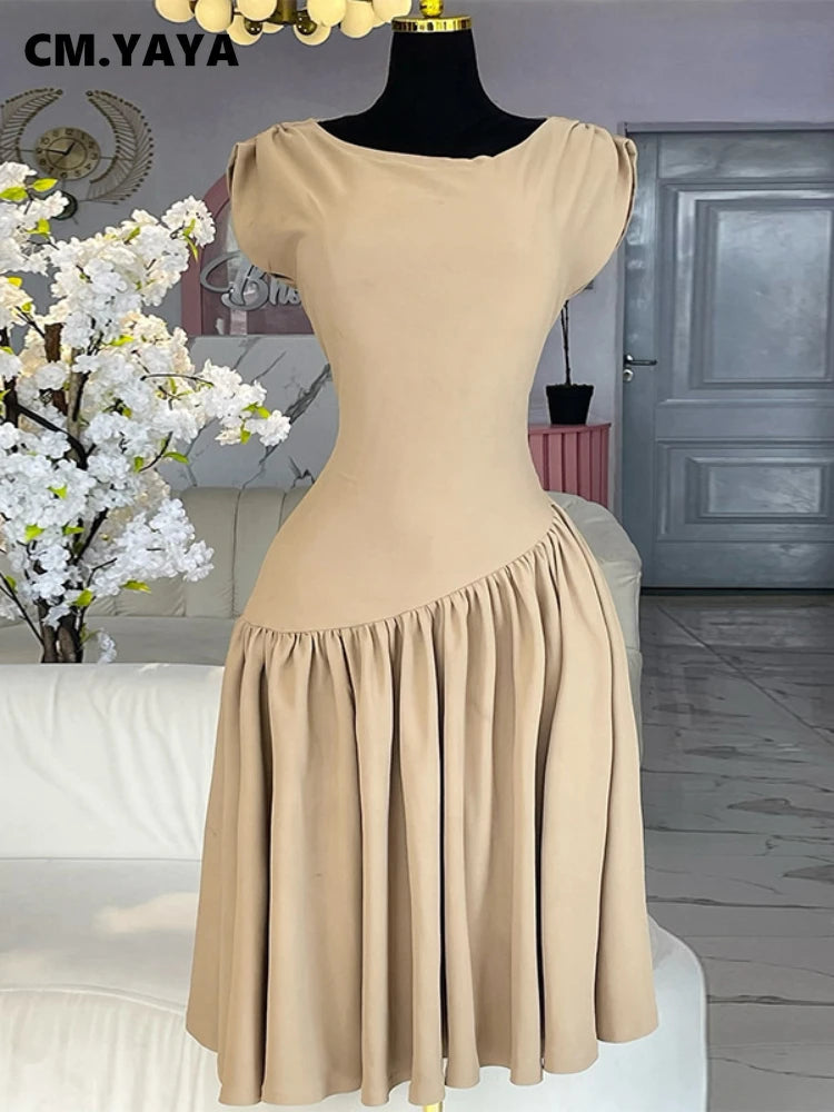 CM.YAYA Women Ruched Shoulder Big Swing Ball Gown Pleated Vintage Dress 2025 Sexy Club Party Evening High Street Dresses