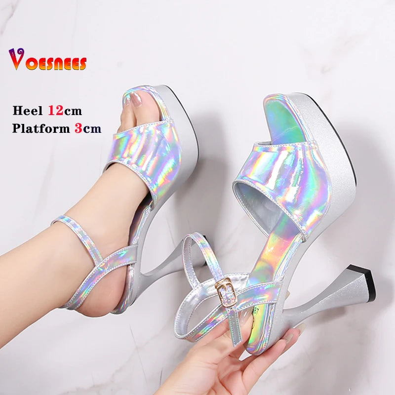 2024 Laser 12CM Women Sandals Peep Toe Platform Shiny Colors Block Heels Pumps Summer Thick High Heel Shoes Woman Outdoor Slides As Picture Shown 5
