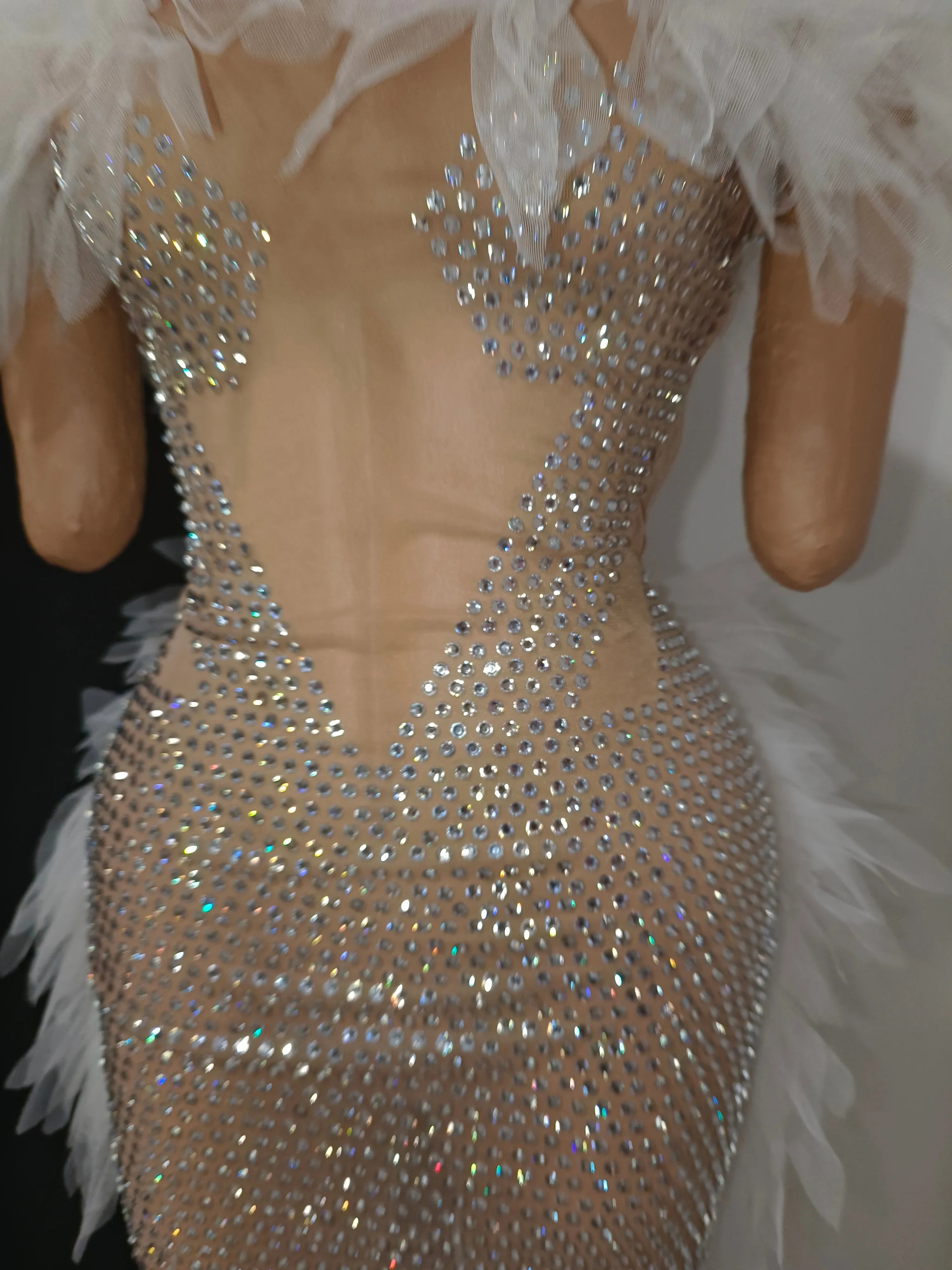 Bridal Shower Nightclub Birthday Party Dress Elegant Lace White Crystal Rhinestone Sheer Illusion Neck Tulle Mesh Mini Dress