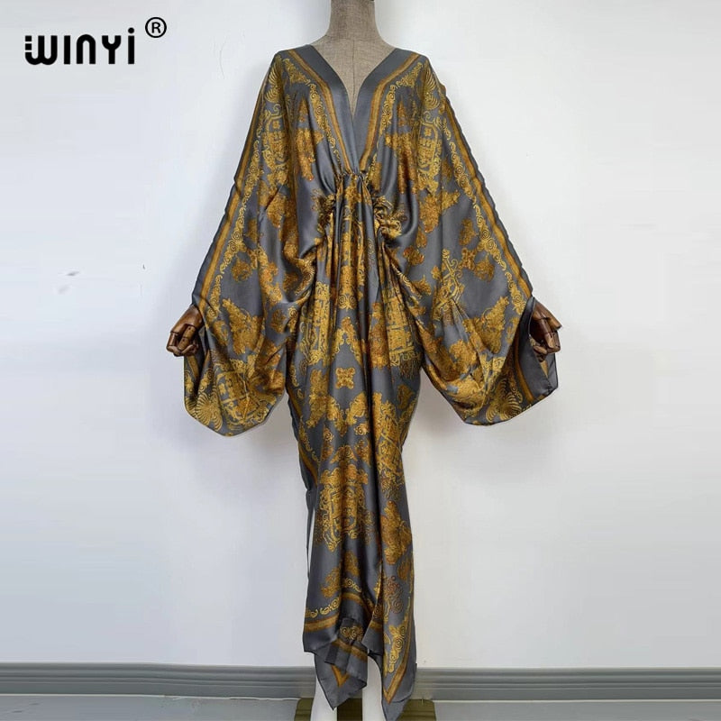 Sexy bech high-quality hand-rolled feel silk rayon fashion print 2024 WINYI Maxi Women's robes long beach V-neck Bohemian dress 24 One Size