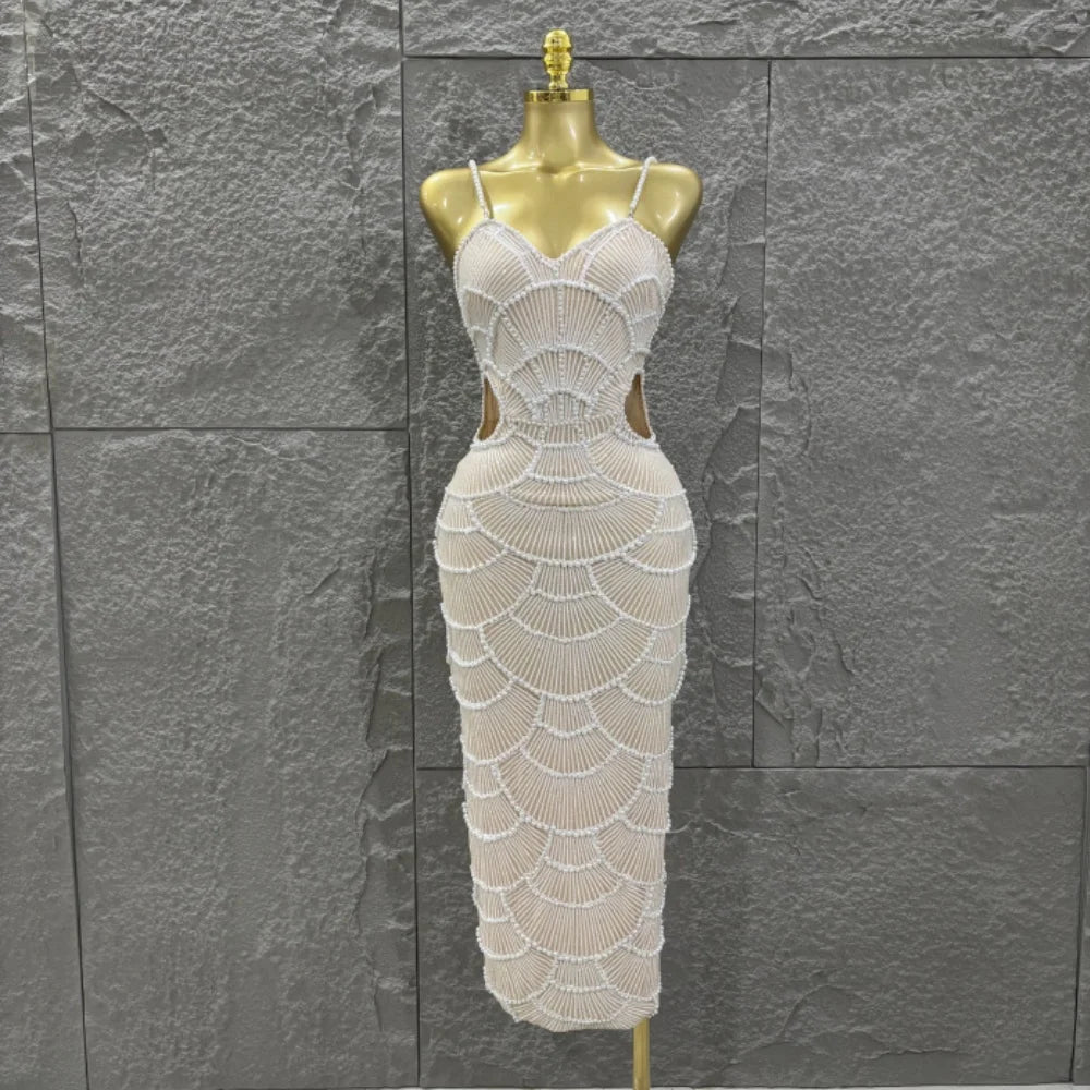 Hot Sale Women Sleeveless Sexy Strap Pearl Beading Bodycon Long Dress Celebrate Evening Party Birthday Cocktail Outfit Beige