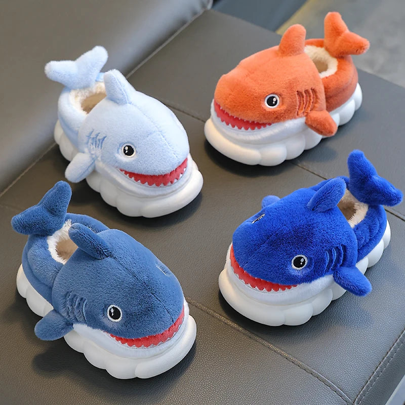 Winter Wrap Heels Cute Cartoon Shark Cotton Slippers Children's Non-slip Soft For Kids Girls Boys Baby Warm Plush Home Shoes