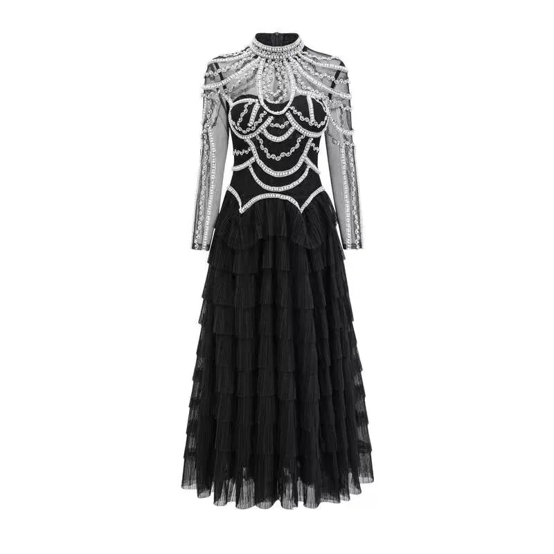 Shining Diamonds Pearl Beading Sexy See Through Mesh Ball Gown Dress Woman Birthday Party Vestido Celebrity Party Outfit