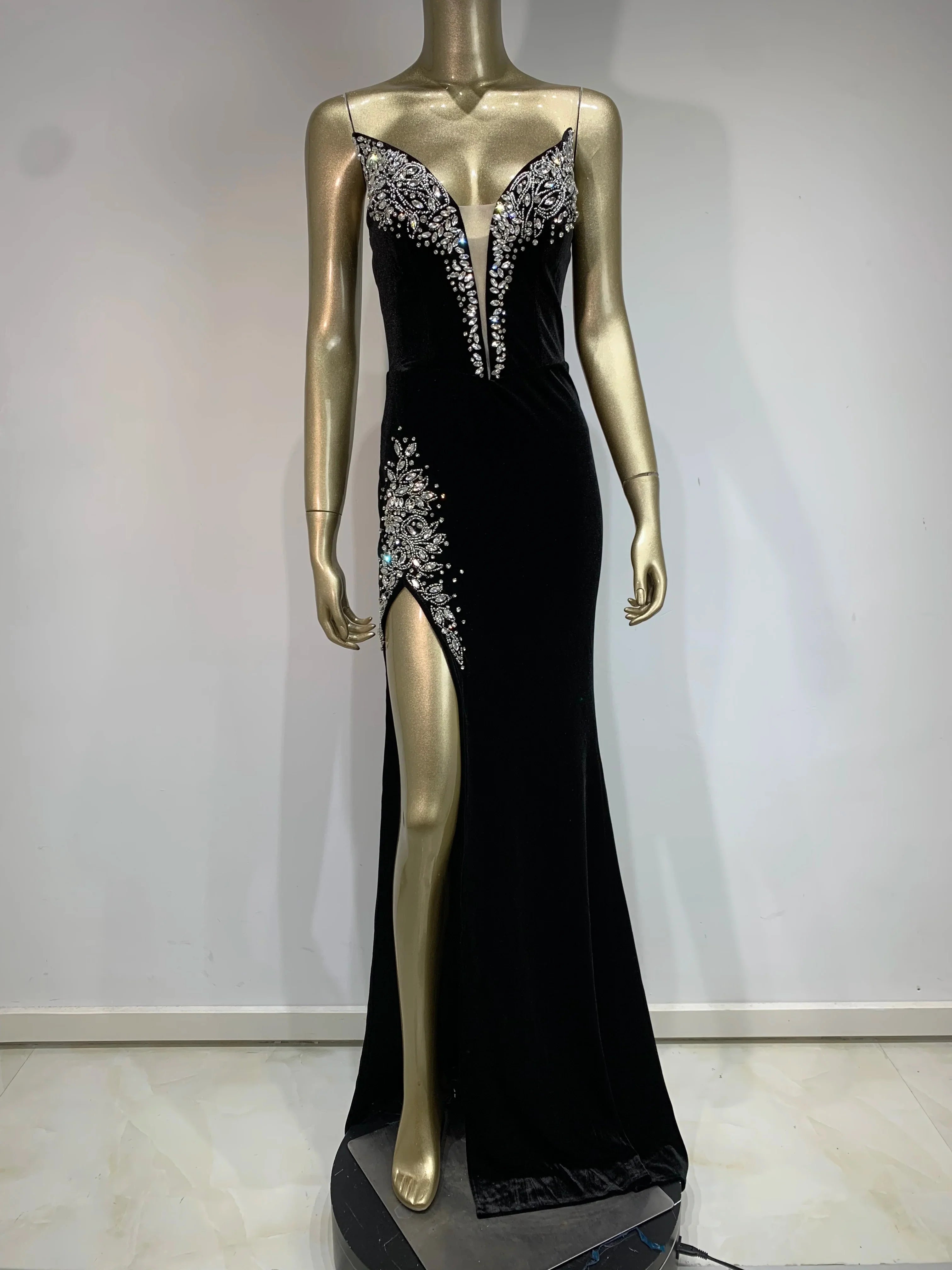 Sexy Strapless Backless Beading Diamonds Black Maxi Long Women Celebrity Dress Elegant Party Evening Stage Vestido