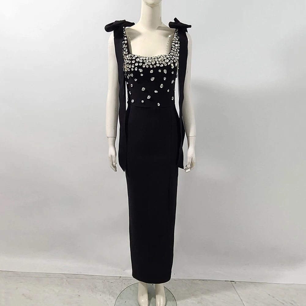 Ladies Sparkling Luxury Diamond Spaghetti Strap Backless Design Sleeveless Sexy Maxi Bandage Dress Celebrity Evening Party Gowns black