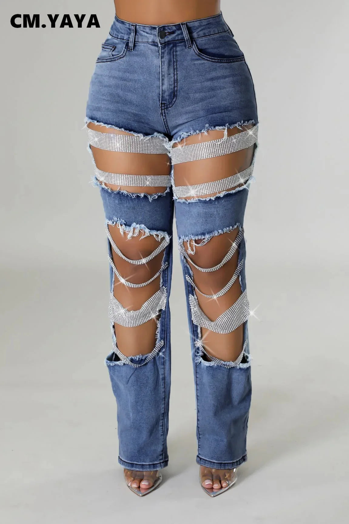 Women Fashion Pearl Beading Ripped Hollow Out Tassel Wide Leg Jeans 2024 New Summer INS Street Denim Pants Trousers