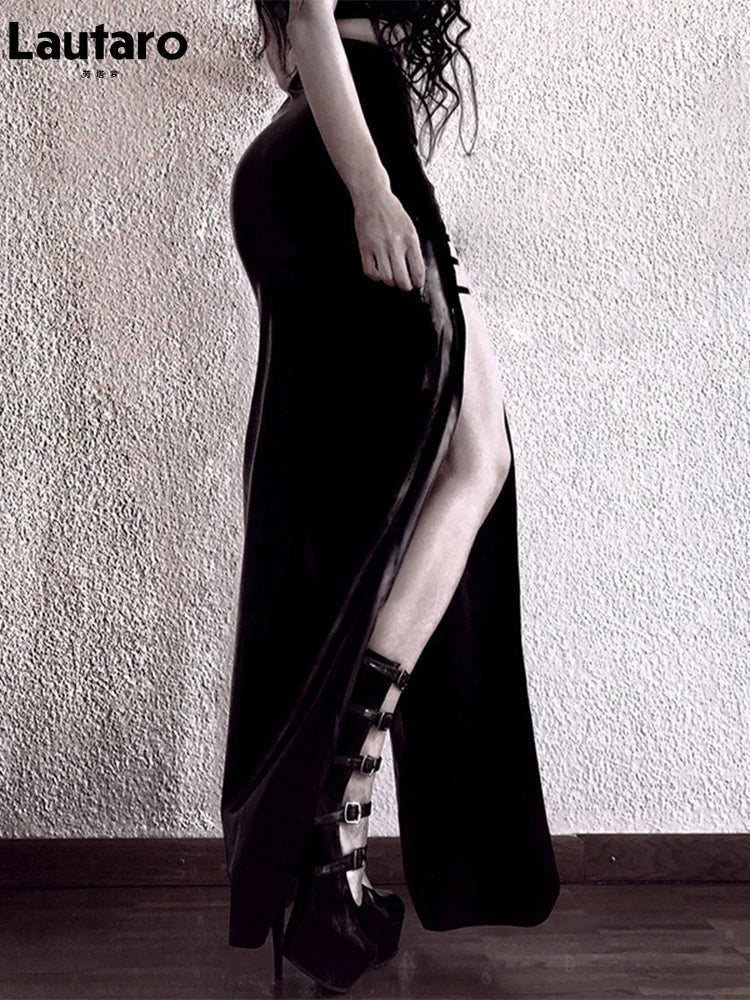 Lautaro Spring Soft Shiny Reflective Black Faux Leather Maxi Skirt Women with Double High Slit Dark Academia Y2K Clothes 2025