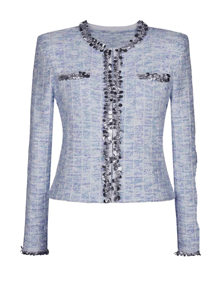 Two Piece Sets for Women Round Neck Long Sleeves Spliced Diamonds Top High Waist Patchwork Pockets Skirt Female New BLUETOP