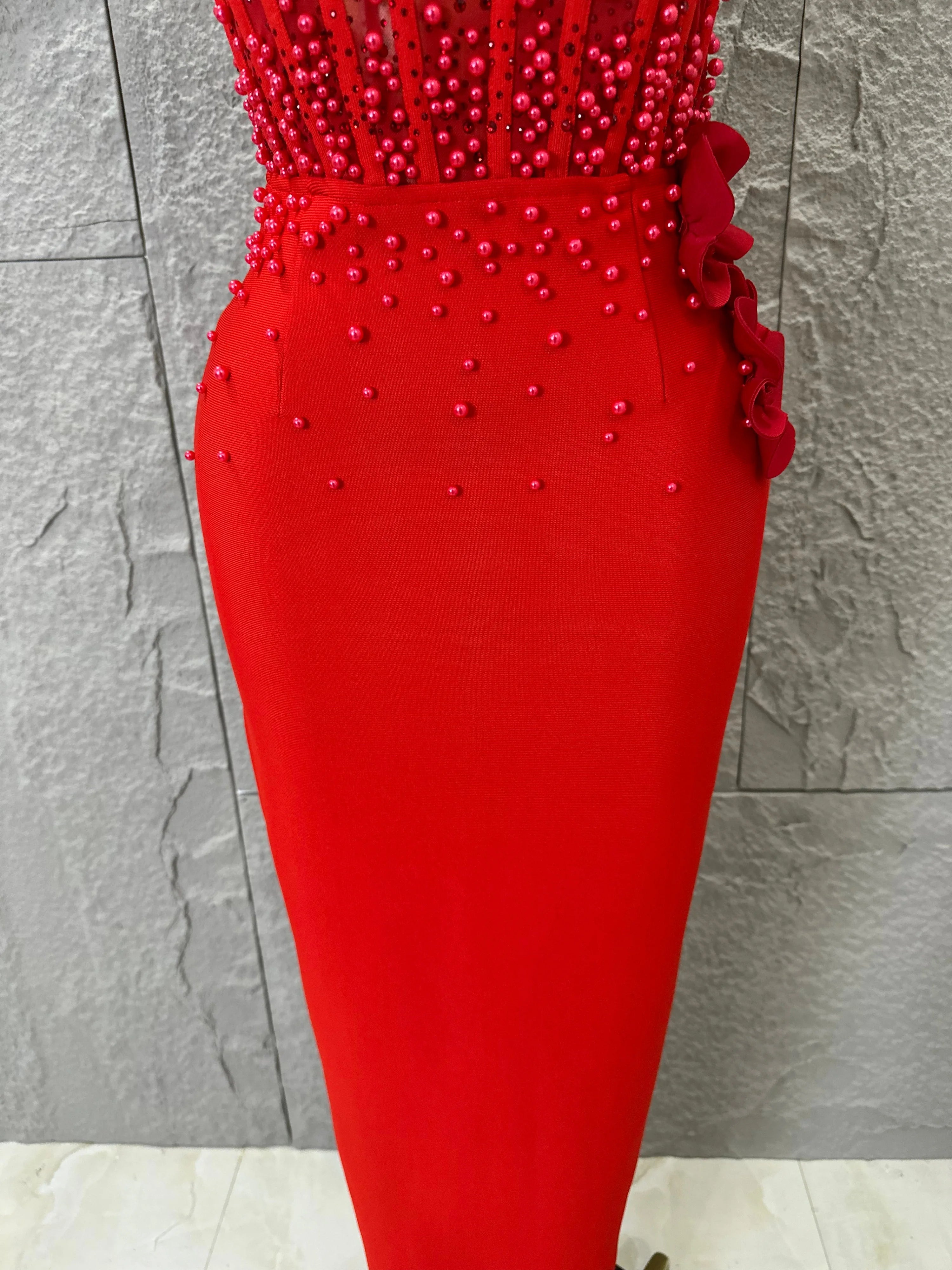 Women Sexy Sheer Mesh Corset Beaded 3D Floral Applique Form-Fitting Outfit Formal Event Party Costum Red Square Neck Maxi Dress